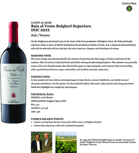 Baia al Vento Bolgheri Superiore DOC 2022 Fact Sheet
