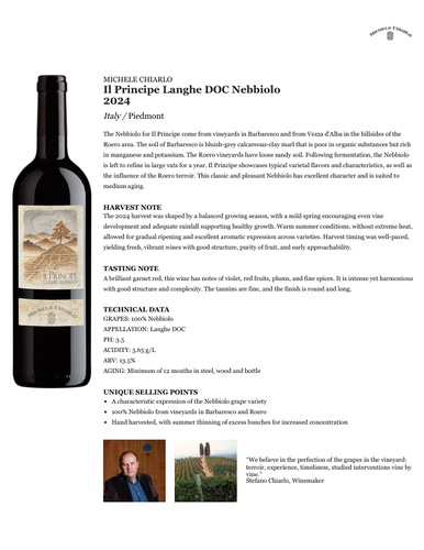 Il Principe Langhe Nebbiolo DOC 2024 Fact Sheet