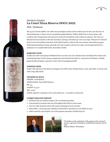 La Court Nizza Riserva DOCG 2022 Fact Sheet