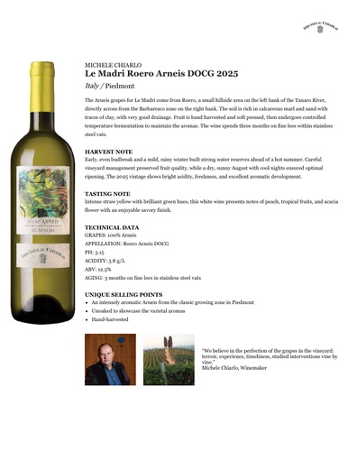 Le Madri Roero Arneis DOCG 2025 Fact Sheet