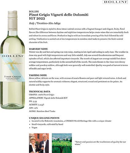 Pinot Grigio Vigneti delle Dolomiti IGT 2023 Fact Sheet