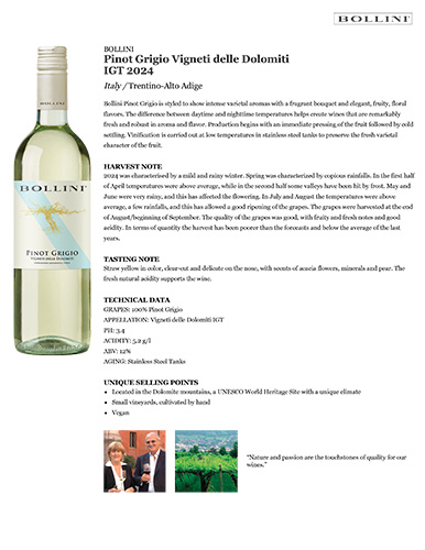 Pinot Grigio Vigneti delle Dolomiti IGT 2024 Fact Sheet