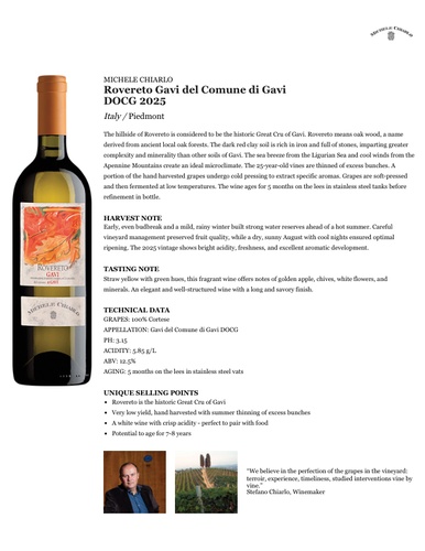 Rovereto Gavi del Comune di Gavi DOCG 2025 Fact Sheet