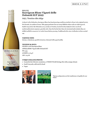 Sauvignon Blanc Vigneti delle Dolomiti IGT 2025 Fact Sheet