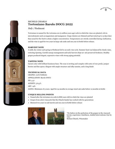 Tortoniano Barolo DOCG 2022 Fact Sheet