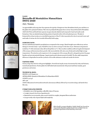 Brunello di Montalcino Manachiara DOCG 2020 Fact Sheet