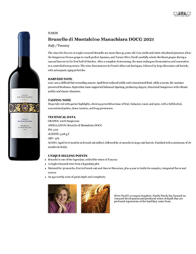 Brunello di Montalcino Manachiara DOCG 2021 Fact Sheet