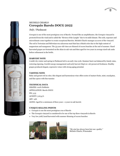 Cerequio Barolo DOCG 2022 Fact Sheet
