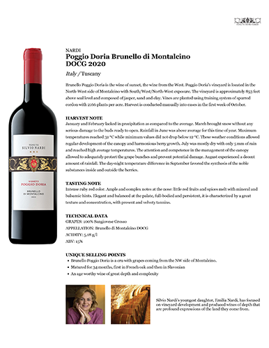 Poggio Doria Brunello di Montalcino DOCG 2020 Fact Sheet