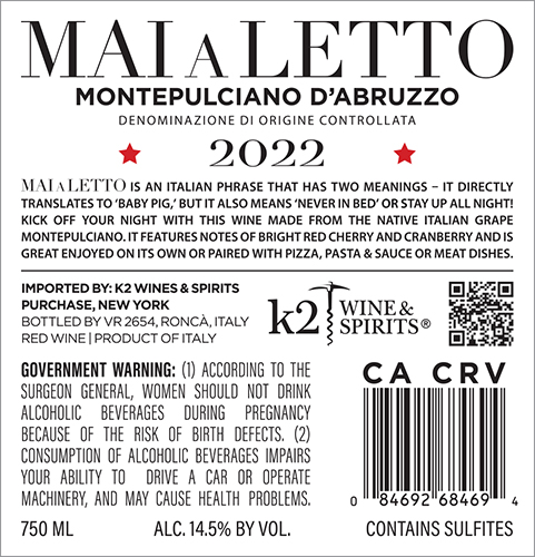 Montepulciano d’Abruzzo 2022 Back Label