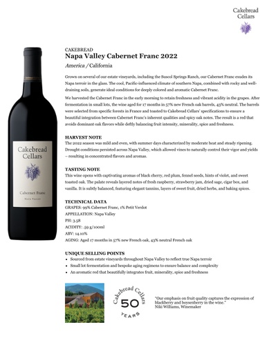 Napa Valley Cabernet Franc 2022 Fact Sheet