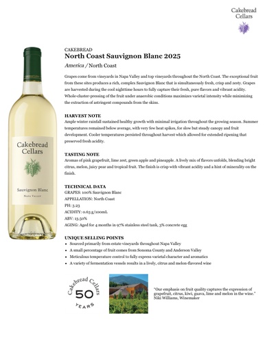 North Coast Sauvignon Blanc 2025 Fact Sheet