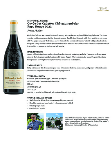 Cuvée des Cadettes Châteauneuf-du-Pape Rouge 2023 Fact Sheet
