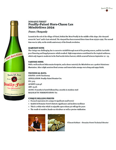 Pouilly-Fuissé Hors-Classe Les Ménétrières 2024 Fact Sheet