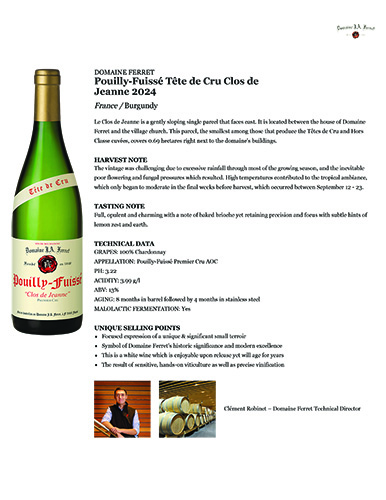 Pouilly-Fuissé Tête de Cru Clos de Jeanne 2024 Fact Sheet