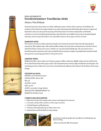 Gewürztraminer Turckheim 2023 Fact Sheet