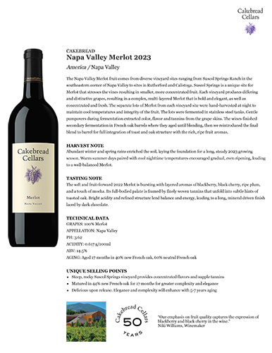Napa Valley Merlot 2023 Fact Sheet