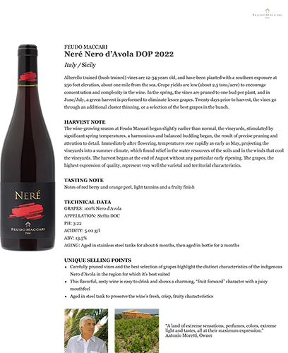 Neré Nero d’Avola DOP 2022 Fact Sheet