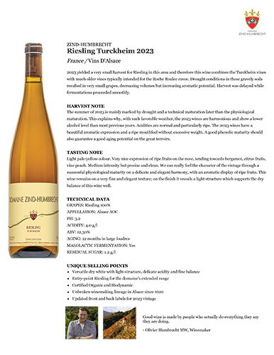 Riesling Turckheim 2023 Fact Sheet