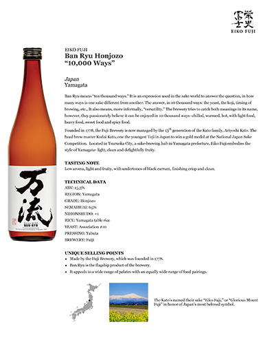 Ban Ryu Honjozo “10,000 Ways” Fact Sheet