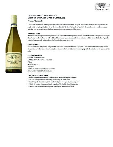 Chablis Les Clos Grand Cru 2023 Fact Sheet