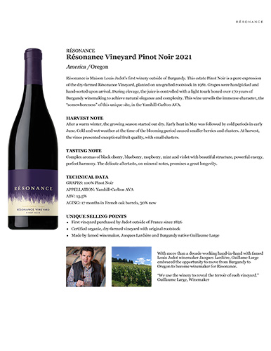 Résonance Vineyard Pinot Noir 2021 Fact Sheet