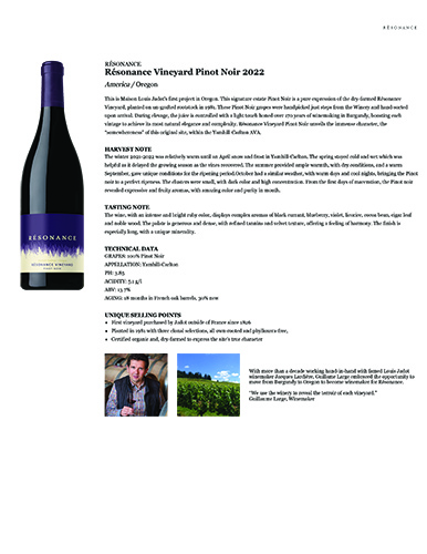 Résonance Vineyard Pinot Noir 2022 Fact Sheet