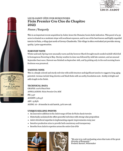 Fixin Premier Cru Clos du Chapitre 2023 Fact Sheet