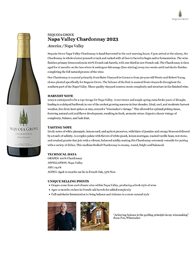 Napa Valley Chardonnay 2023 Fact Sheet