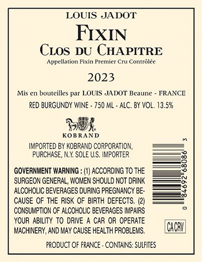 Fixin Premier Cru Clos du Chapitre 2023 Back Label