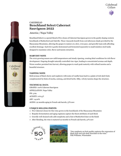 Benchland Select Cabernet Sauvignon 2022 Fact Sheet