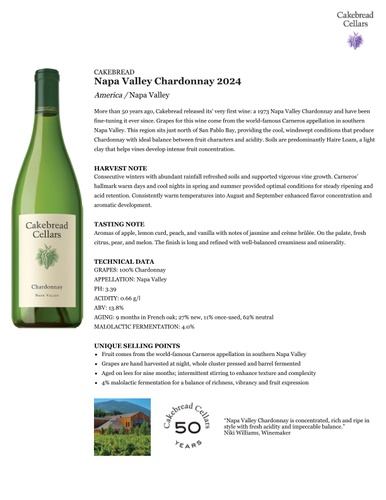 Napa Valley Chardonnay 2024 Fact Sheet