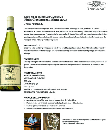Fixin Clos Moreau Blanc 2023 Fact Sheet