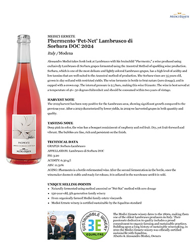 Phermento ‘Pet-Net’Lambrusco di Sorbara DOC 2024 Fact Sheet