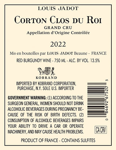 Corton Clos du Roi Grand Cru 2022 Back Label