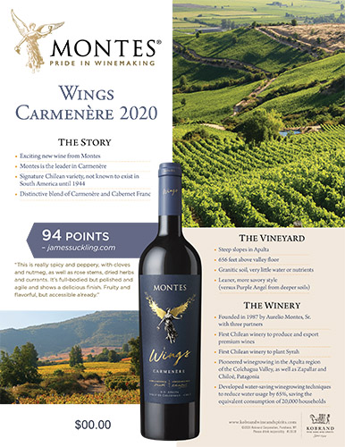 Wings Carmenère 2020 James Suckling Sell Sheet – 94 Points (Editable PDF)