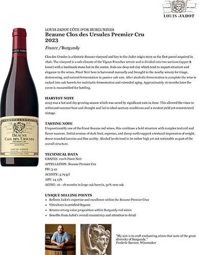 Beaune Clos des Ursules Premier Cru 2023 Fact Sheet