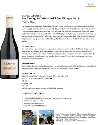 Les Cassagnes Côtes-du-Rhône Villages 2023 Fact Sheet