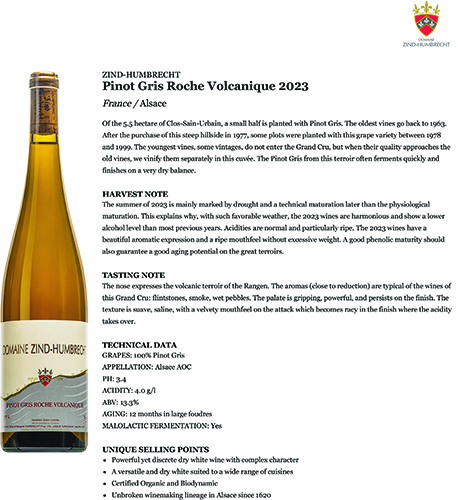 Pinot Gris Roche Volcanique 2023 Fact Sheet