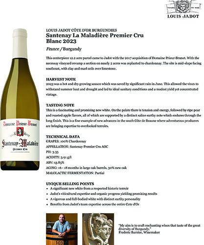 Santenay La Maladière Premier Cru Blanc 2023 Fact Sheet