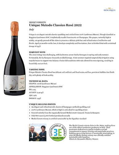 Unique Metodo Classico Rosé Brut 2022 Fact Sheet
