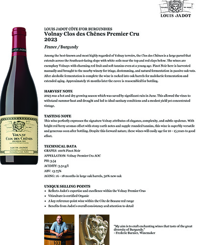 Volnay Clos des Chênes Premier Cru 2023 Fact Sheet