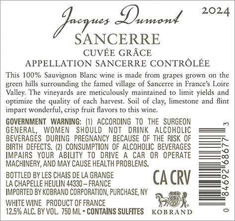 Sancerre, Cuvée Grâce 2024 Back Label