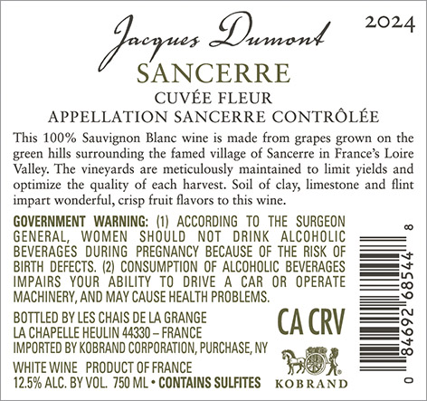 Sancerre, Cuvée Fleur 2024 Back Label