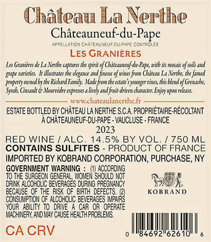 Les Granières Châteauneuf-du-Pape 2023 Back Label