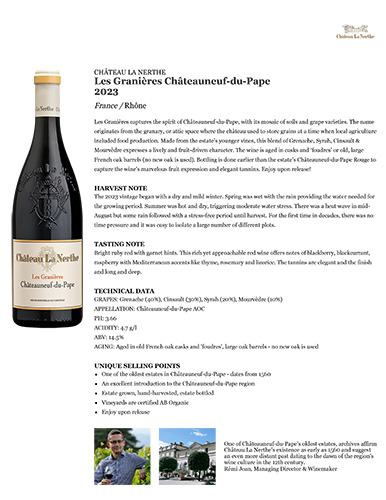 Les Granières Châteauneuf-du-Pape 2023 Fact Sheet