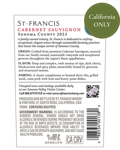 NEW PACKAGING (CA ONLY!) Sonoma County Cabernet Sauvignon 2023 Back Label