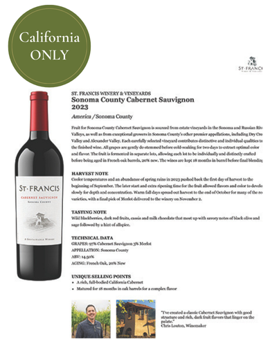 NEW PACKAGING (CA ONLY!) Sonoma County Cabernet Sauvignon 2023 Fact Sheet