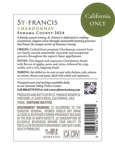 NEW PACKAGING (CA ONLY!) Sonoma County Chardonnay 2024 Back Label