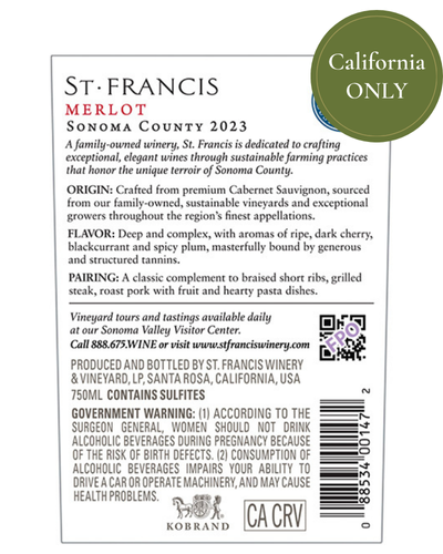NEW PACKAGING (CA ONLY!) Sonoma County Merlot 2023 Back Label